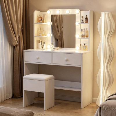 Vanity Set With Lighting Mirror And 6 Open Shelves, 2 Drawers And Storage Stool