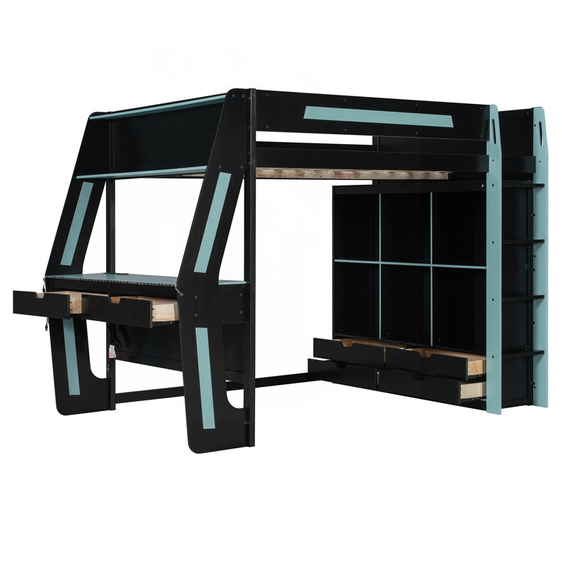 Lit mezzanine double avec bureau intégré, DEL RVB, ports USB et rangement, Black/Blue