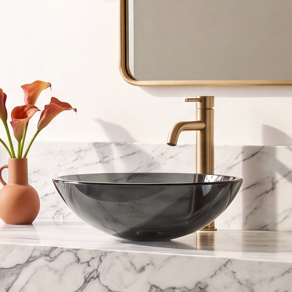 Glass Round Vessel Bathroom Sink, Clear Black