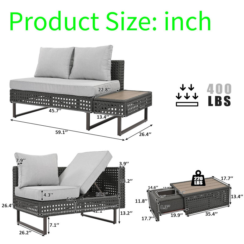 Outdoor Patio Sofa Set With Adjustable Reclining Backrest, Extendable Coffee Table With Ice Bucket, And Plush Cushions Weather-Resistant Wicker Sectional Sofa For Garden