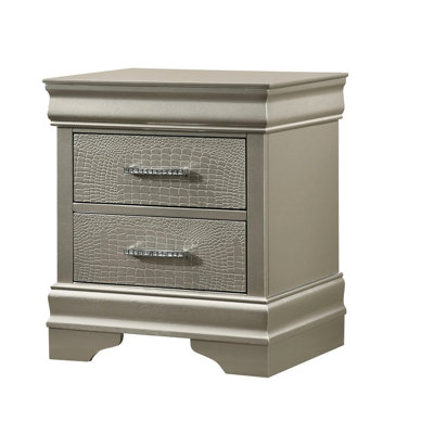 Table de chevet de style moderne avec 2 tiroirs, bois massif au fini champagne, tiroir à texture de diamant et de crocodile rehaussé, décoration ornée