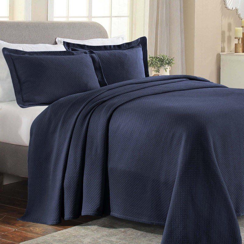 Ensemble de couvre-lit matelassé gaufré Superior Solitaire, Couvre-lit pour très grand lit + 2 taies décorat, Marine