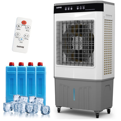 Ventilateur portatif à évaporation avec écran tactile et télécommande, réservoir d'eau 8,4 gallons, refroidissement à 3 vitesses avec persiennes pivotantes et 3 patins de refroidissement latéraux, pour chambre à coucher, salon, bureau, garage, blanc / gris