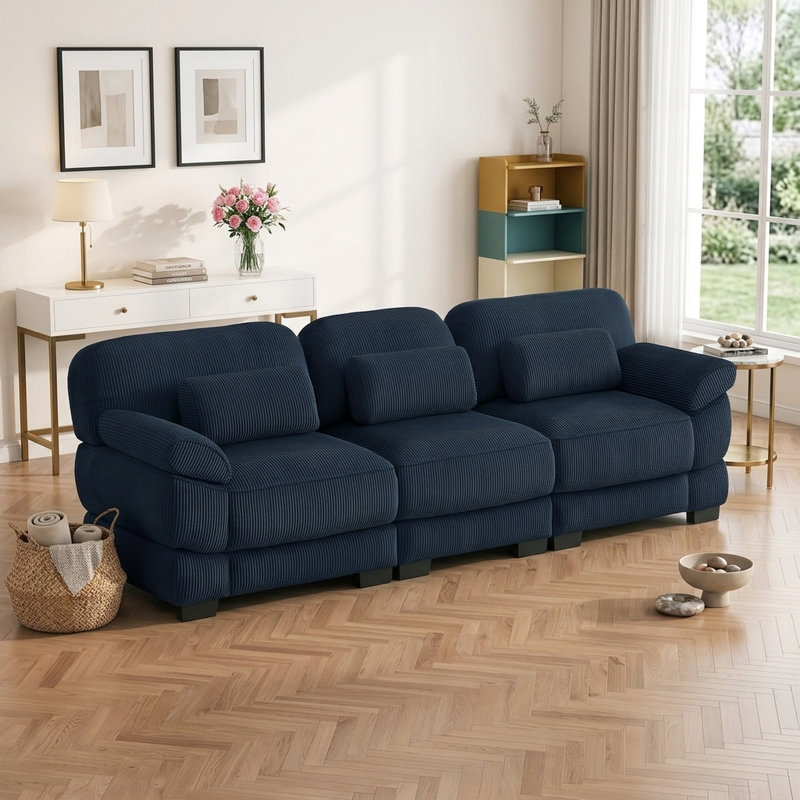 Canapé modulaire 104 po à 3 places avec coussins lombaires et tissu velours côtelé 104 po, Velours côtelé bleu, Bleu