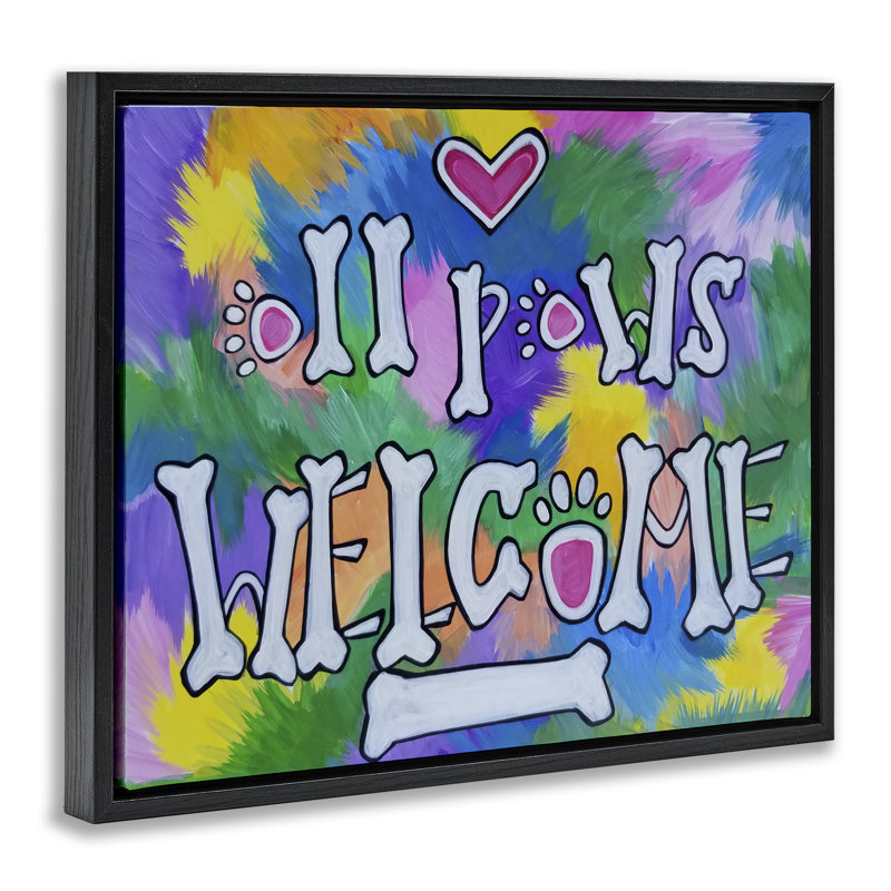 «All Paws Welcome», art mural encadré sur toile flottante, par Nettie Price, H 25 po x l 31 po, Cadre flottant noir de jais