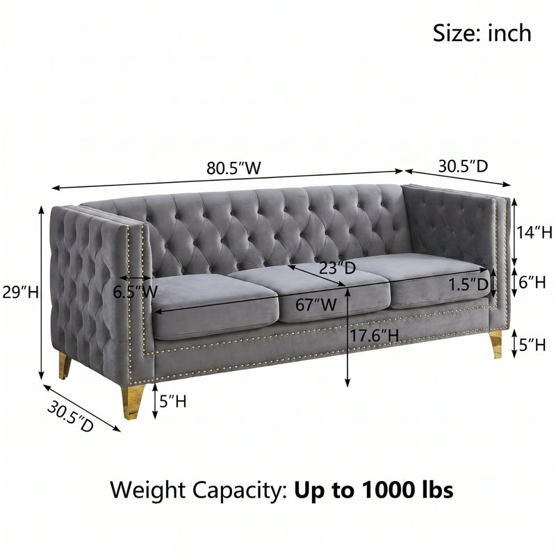 Chesterfield Velvet Sofa, Gray