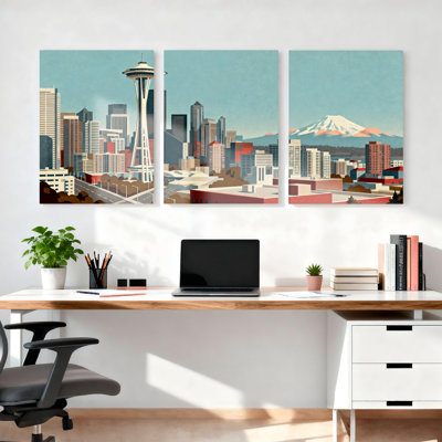 «Seattle Skyline With Space Needle And Mount Rainier», reproduction d'art sur toile tendue sur toile, ensemble de 3