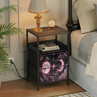 Table de chevet 2 tiroirs avec station de charge, table de chevet pour chambre à coucher avec ports USB, tablette ouverte noire, table de chevet avec imprimé mystique de croissant de lune rose, étoiles célestes, ciel fumé