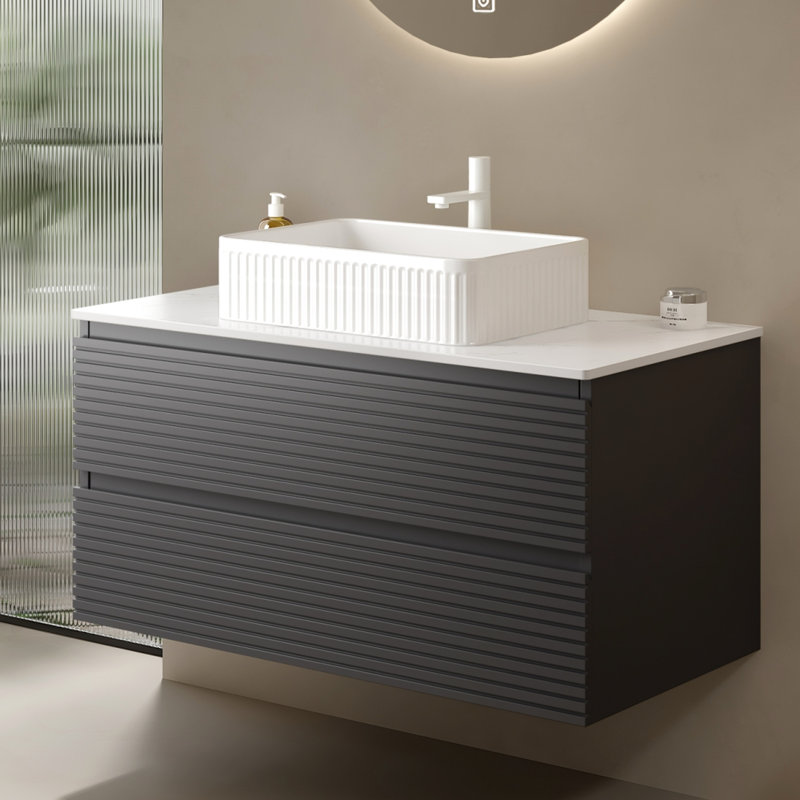 Armoire de salle de bain murale grise 36 po, 18 mm, tiroirs spacieux et coulissants, style scandinave moderne