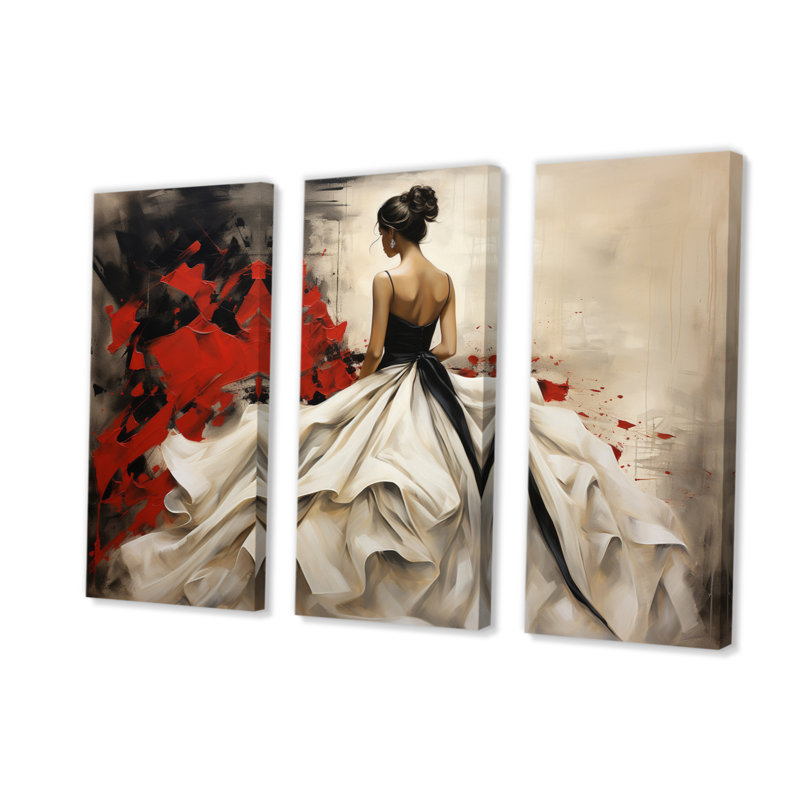 «Fashion Red Dress Elegance UnveILE V» sur toile, ensemble de 3 pièces, H 40 po x l 60 po x P 1 po