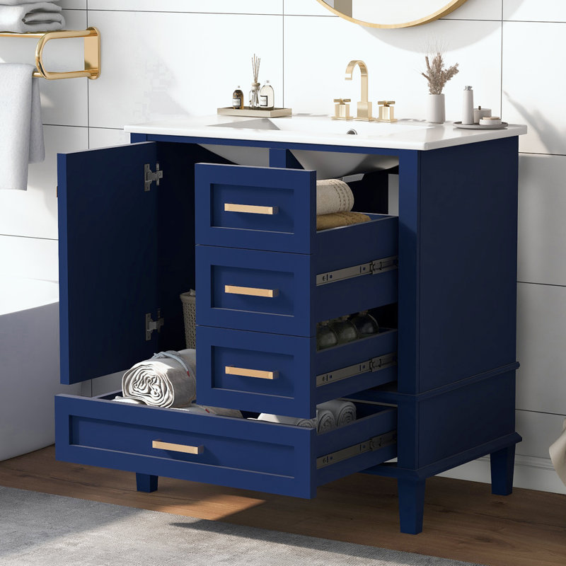 Maureena 30'' Single Bathroom Vanity with Ceramic Top, Blue, Gold