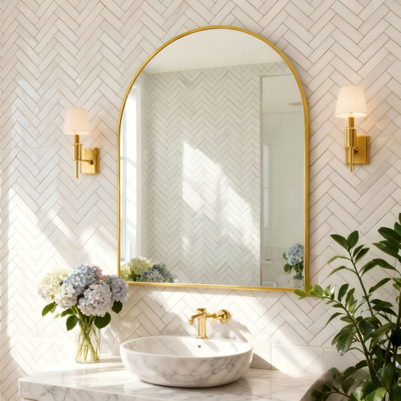 Tempered Glass and Aluminum Alloy Framed Decorative Wall Mirror, Gold, 36" x 30"