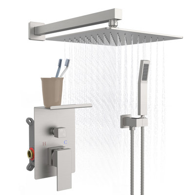 Rainfall Shower System With Storage Rack 10 Inch Shower Faucet Set Brushed Nickel With High Pressure With Square Shower Head Luxury Shower Set Wall Mount