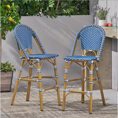 Tabouret de bar 29,5 po en rotin français d'extérieur, bleu sarcelle foncé et blanc, structure en aluminium avec finition en bambou (ensemble de 2)