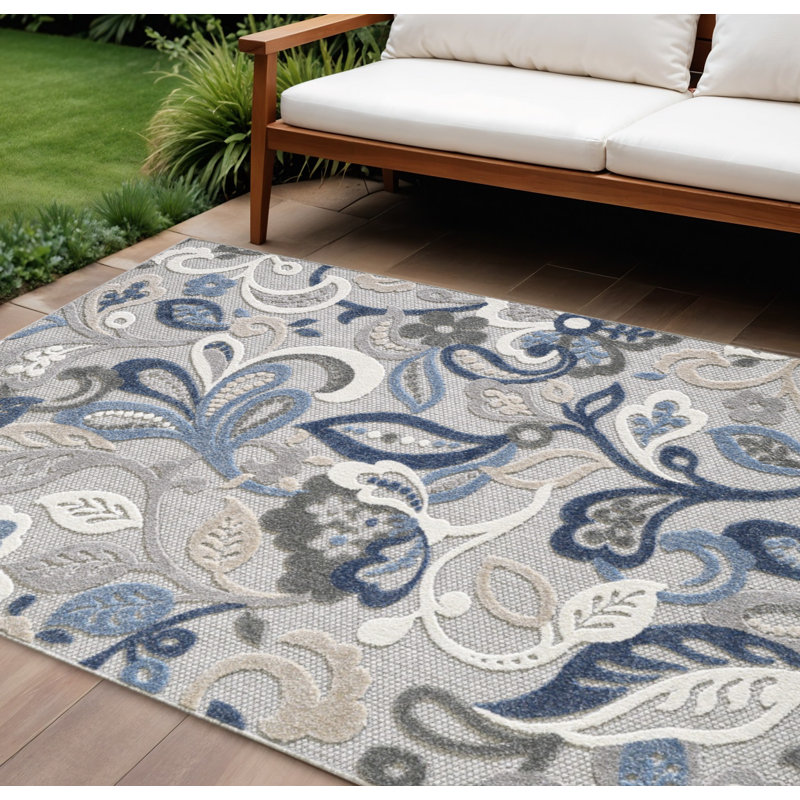 Blue Gray Jacobean Floral Indoor Outdoor Area Rug, Rectangle 8' x 10'