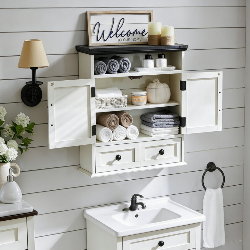 Farmhouse Bathroom Wall Cabinet, Wall Mounted Storage Cabinet With Drawers, Off White, Off White