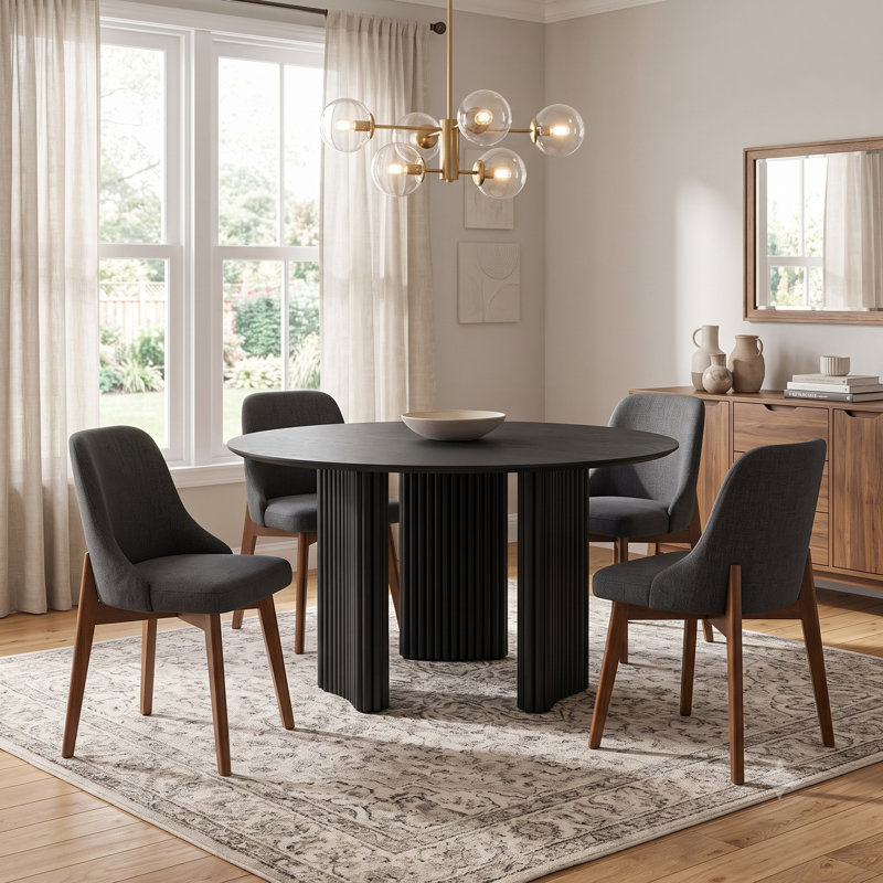 Table de salle à manger ronde de 52 po avec 4 chaises de salle à manger Fermin, 5 Pieces: Table, 4 Chairs, Black