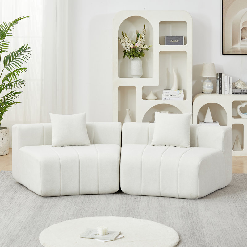 Chenille Curved Modular Sectional Sofa with Pillows, 88" W, Beige Chenille
