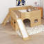 Lit mezzanine bas avec glissade et tablettes, cadre de lit mezzanine en bois à fonctions multiples avec tablettes de rangement, portes et fenêtres-528390181