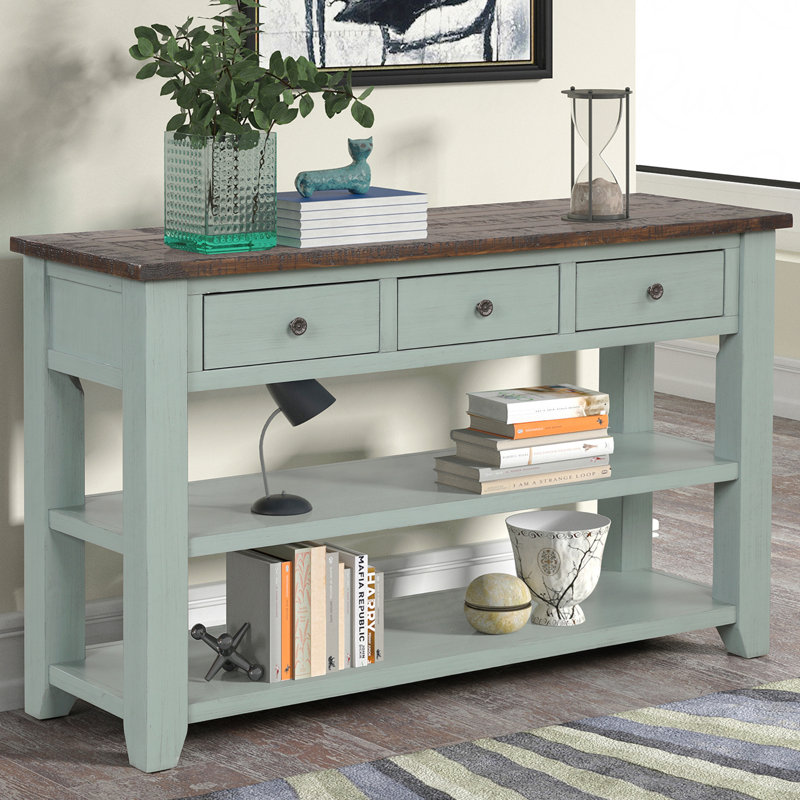 Console en bois de pin massif 48 po, table d'appoint moderne avec 3 tiroirs de rangement et 2 tablettes, Sarcelle