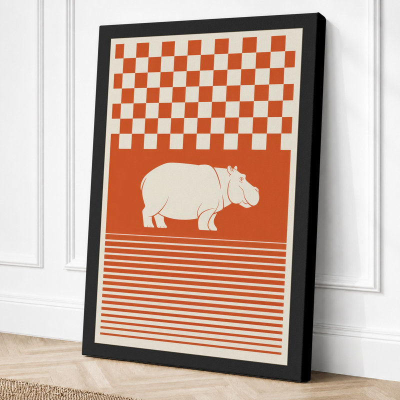 Hippopotamus Geometry Mid-Century 1 Piece Wrapped Canvas Wall Art, 30x20 - 76.2 x 50.8 cm, Black Border