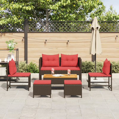Ensemble de canapé de jardin vidaXL avec coussin 6 pièces en rotin de polyester brun et rouge