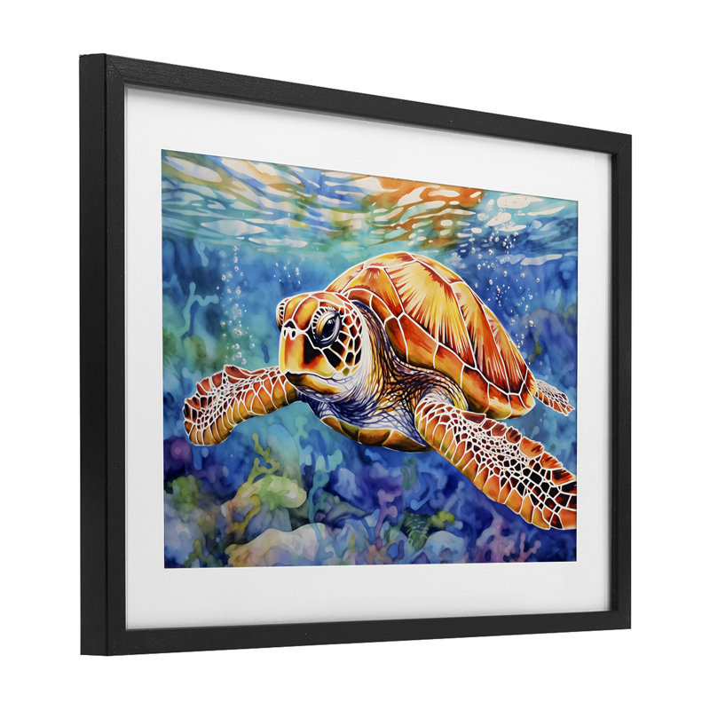 Tortue de mer brune sous la surface, reproduction encadrée sous verre, design par LSR Design Studio, H 14 po x l 20 po