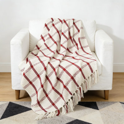 Chenille Plaid Throw Blanket, Soft, Breathable, And Warm Farmhouse Decorative Blanket For Couch, Bed, And Home Decor With Tassel Trim