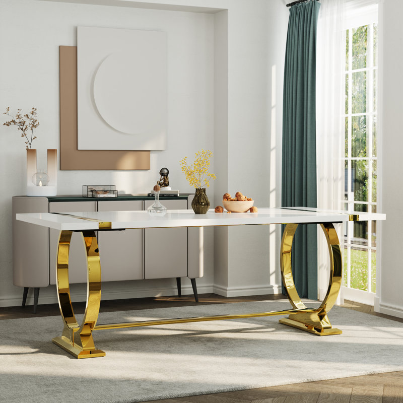 Table de salle à manger de luxe moderne avec plateau rectangulaire laqué brillant et base circulaire en acier inoxydable