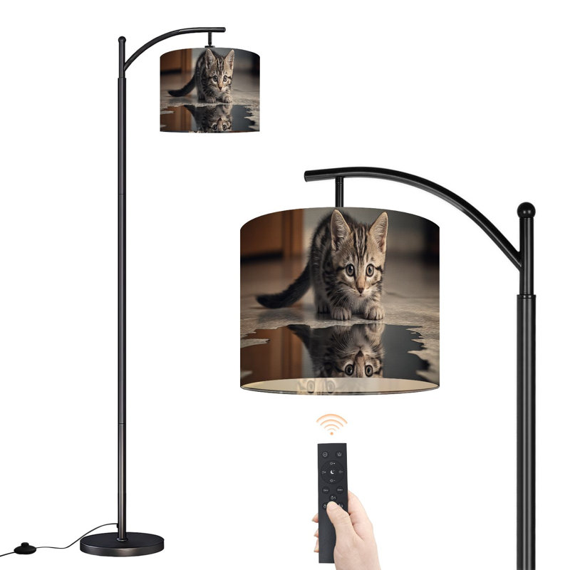 Arc Floor Lamp with Adjustable Lampshade Adorable Tabby Kitten Gazing Reflection Shiny Floor Surface Standing Lamp 3 Color Temperatures Dimmable Tall Pole Lamp with Foot Switch for Bedroom