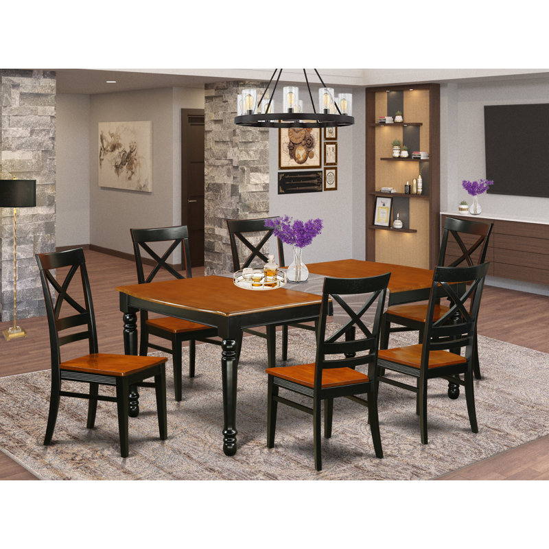 Ensemble de table de salle à manger 7 pièces composé d'une table de salle à manger rectangulaire avec rallonge papillon et 6 chaises en bois, 42 po x 78 po, noir et cerisier