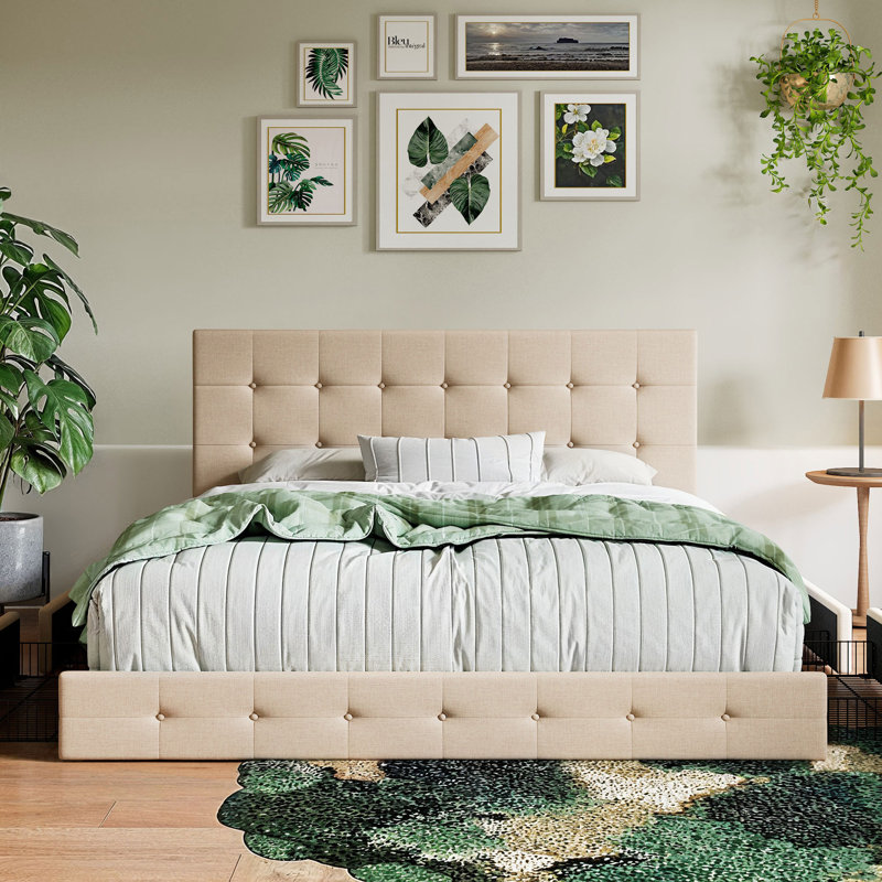 Lit plateforme avec rangement 4 tiroirs et tête de lit ajustable Deyani, Très grand, Beige