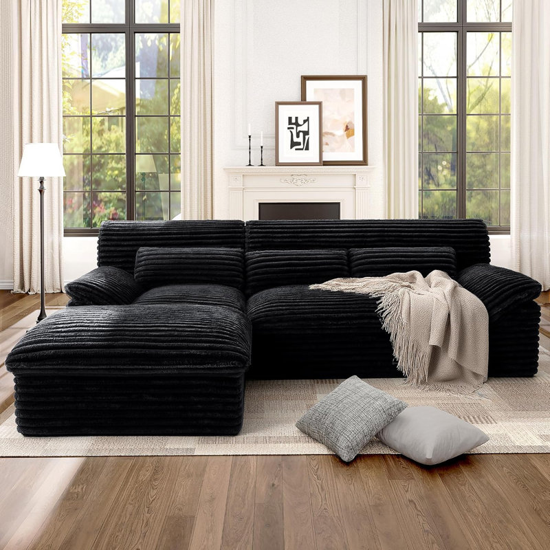 100" L-Shaped Cloud Sectional Couch With Double-Layer Thickened Deep Seat，Zero Assembly Plush Corduroy For Living Room, Black