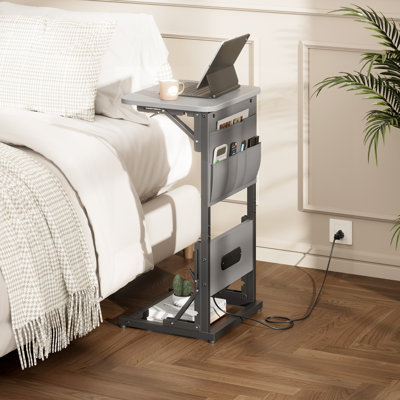 C Shaped End Table With Charging Station, Couch Side Table With Storage Bag, Height-Adjustable And Foldable TV Tray With 2 USB Ports And Outlets For Living Room, Bedroom, Grey