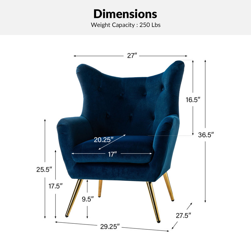 Fauteuil à oreilles 29,25 po Avianna, Velours marine