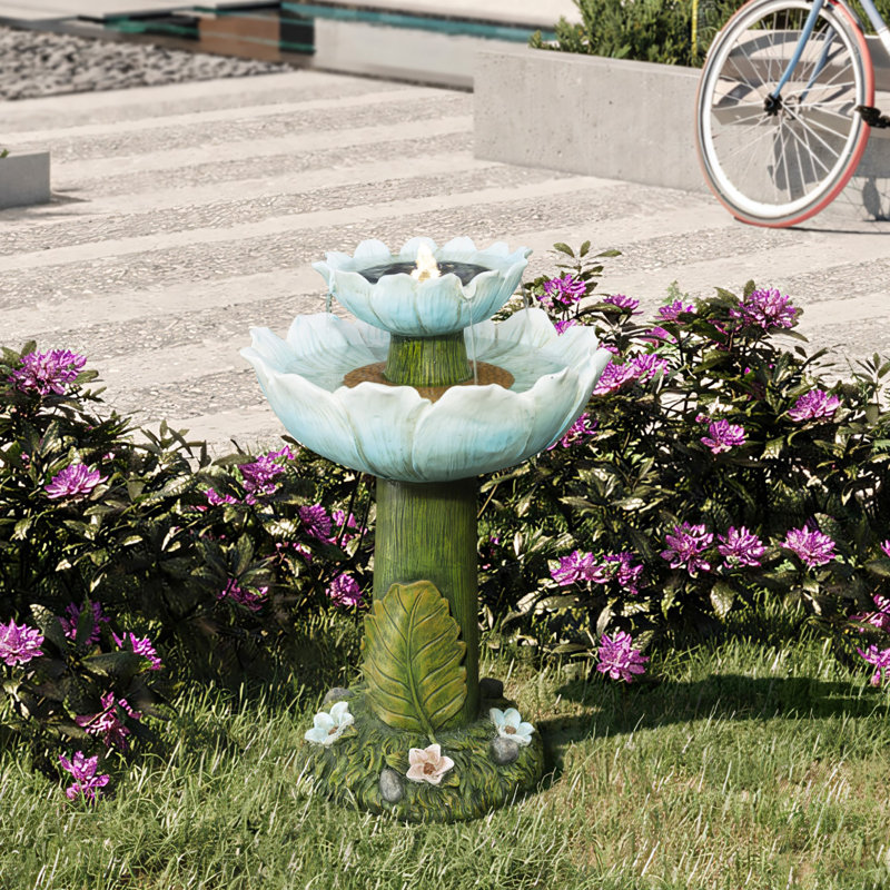 28.3'' Flower Resin Birdbath Outdoor Fountain with Lights