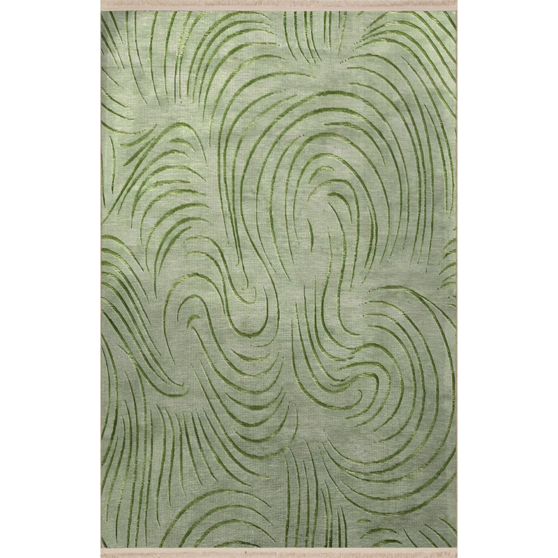 Tapis décoratif moderne à motif de spirale ondulée vert, Rectangle 4 pi 11 po x 7 pi 7 po
