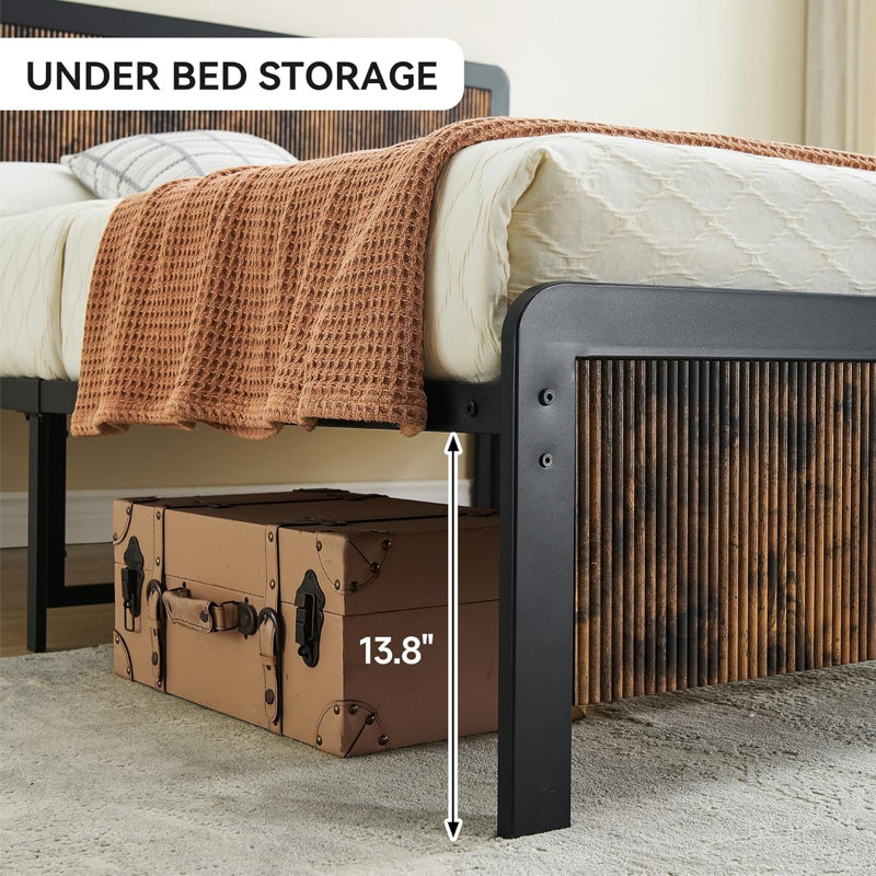 Queen Bed Frame with Wood & Metal Headboard, 14" Platform with Storage Space, Noise-Free, Easy Assembly, Brown