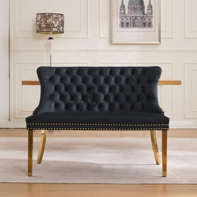 Banc de salle à manger en velours capitonné avec pieds plaqués or, banc Mid-Century moderne, 2 places, noir