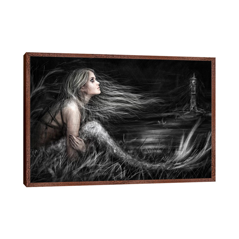 Mermaid At Midnight - Print on Canvas, 66.04 cm H x 45.72 cm W, Classic Brown Wood Framed