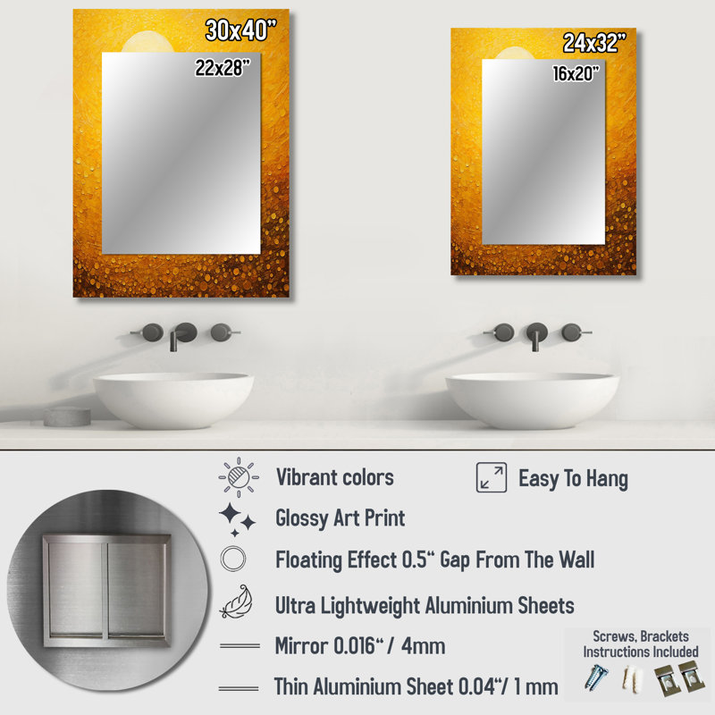 Moon Lemon Light Fantasy I - miroir décoratif lune, miroir mural jaune, impression sur métal, 32 po x 24 po
