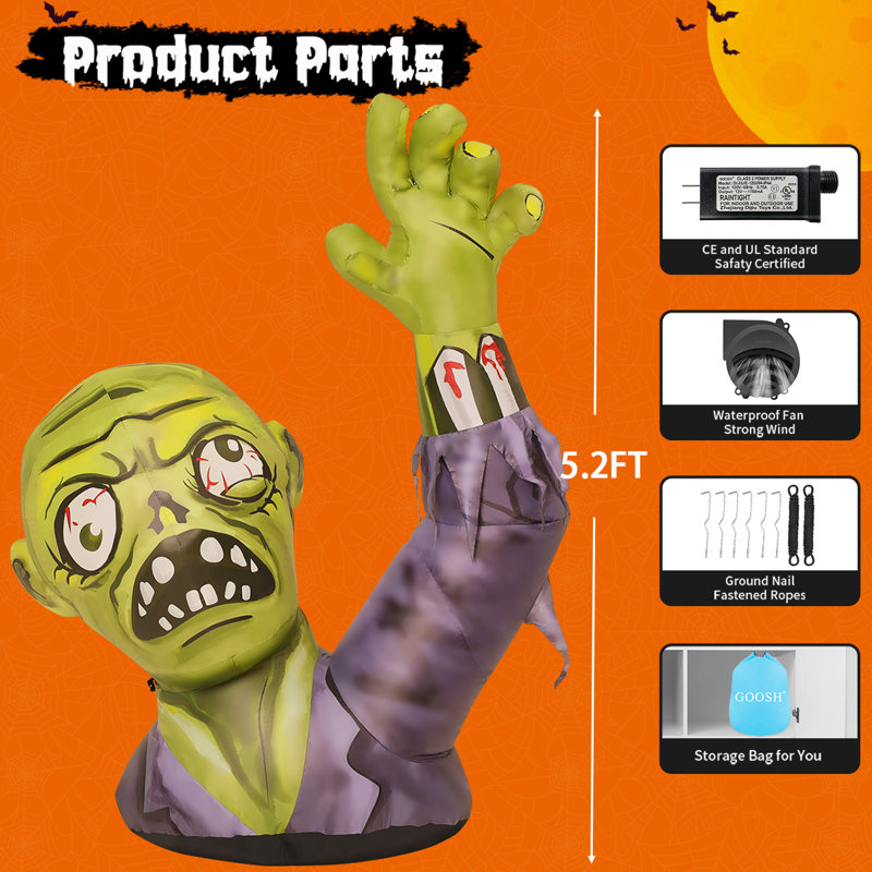 Décoration gonflable 5 pi Zombie Halloween avec poignée de main et DEL intégrées