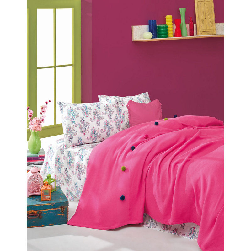 Ensemble de couvre-lit / couvre-lit 100% coton Fikes, Fuschia / blanc / bleu