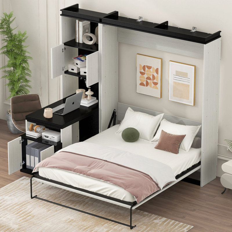 Lit escamotable polyvalent intégré avec bureau, tablettes de rangement et armoires pour une utilisation optimale de l'espace et une vie confortable