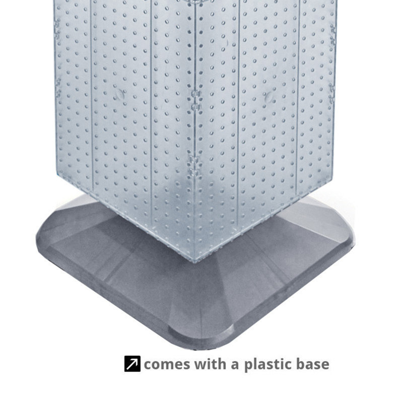 Présentoir de plancher à quatre côtés en panneau perforé sur base pivotante. Support à roulettes. Taille du panneau: l 14 po x H 60 po
