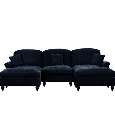 Classic Blue Modular U Shape Sectional Couch With Flower - Shaped Backrests, Petal Flared , And Detachable Ruffles Pleats Skirts, Upholstered In Soft Chenille For Living Space Comfy Arms, Removable