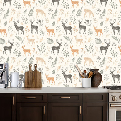 Peel and Stick Wallpaper Cute Deer Fern Woodland Soft Earth Tones Contact Paper Removable Self Adhesive Wall Mural Wall Decor for Bedroom Kitchen Cabinets 17.7in x 118in