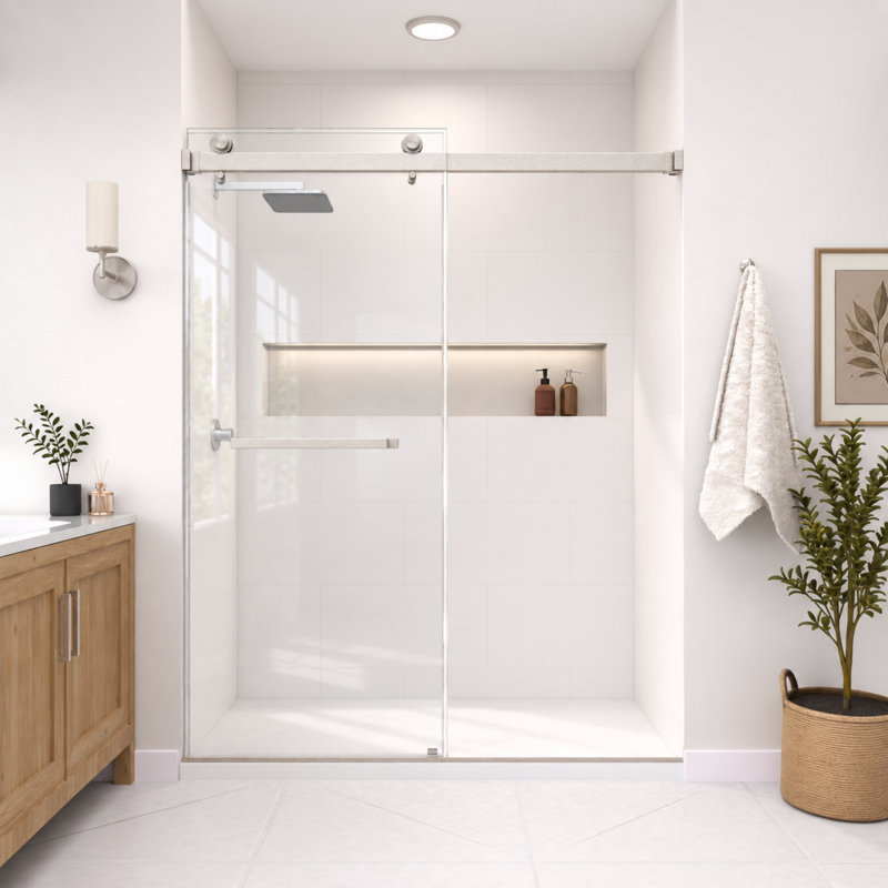 Catalyst 68"- 73" W X 79" H Double Sliding Frameless Shower Door In Brushed Nickel With 3/8" Clear Glass, 72"W x 79"H