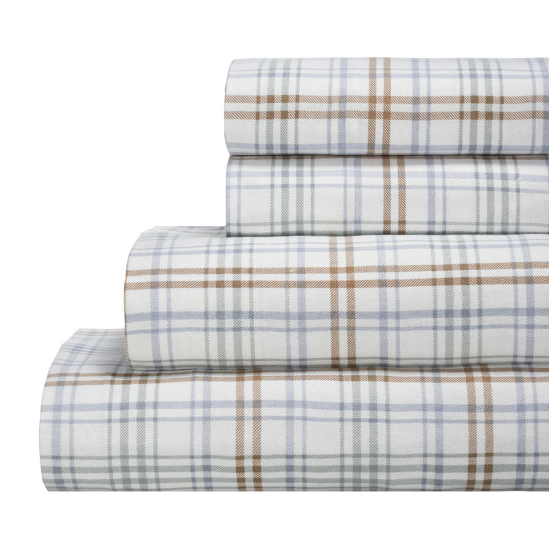 Ensemble de draps 100% flanelle Beldibi, Ensemble de draps pour très grand lit californien, Carreaux vert rouille