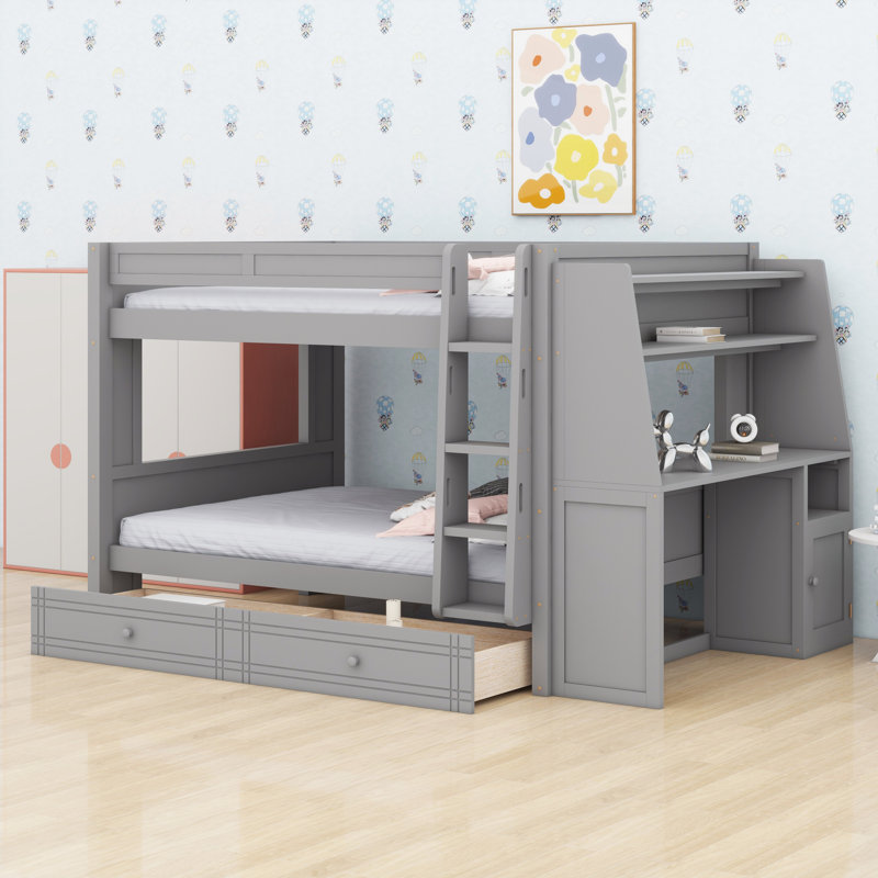 Lit superposé pour enfants avec bureau d'étude, tablettes de rangement et tiroirs, Gris